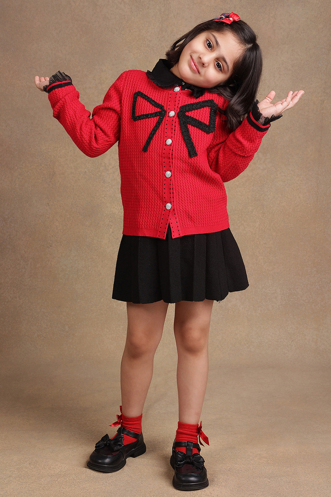 Girls Red Solid Sweater