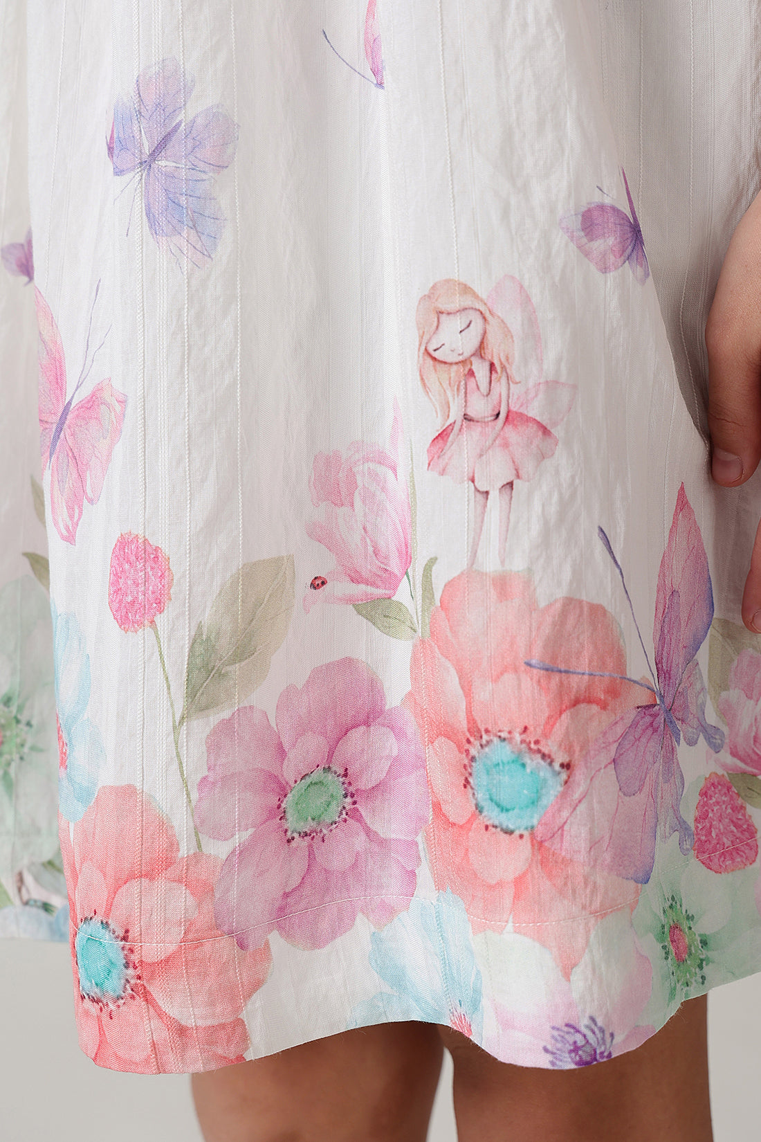 Girls Off White Flared Cap Butterfly Print Dress