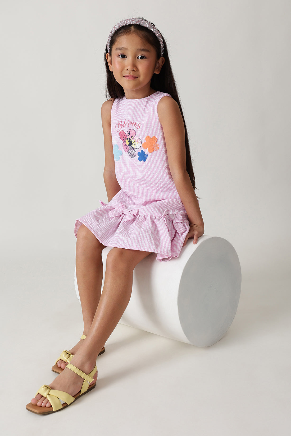Girls Pink A-Line Sleeveless Textured Dress by One Friday