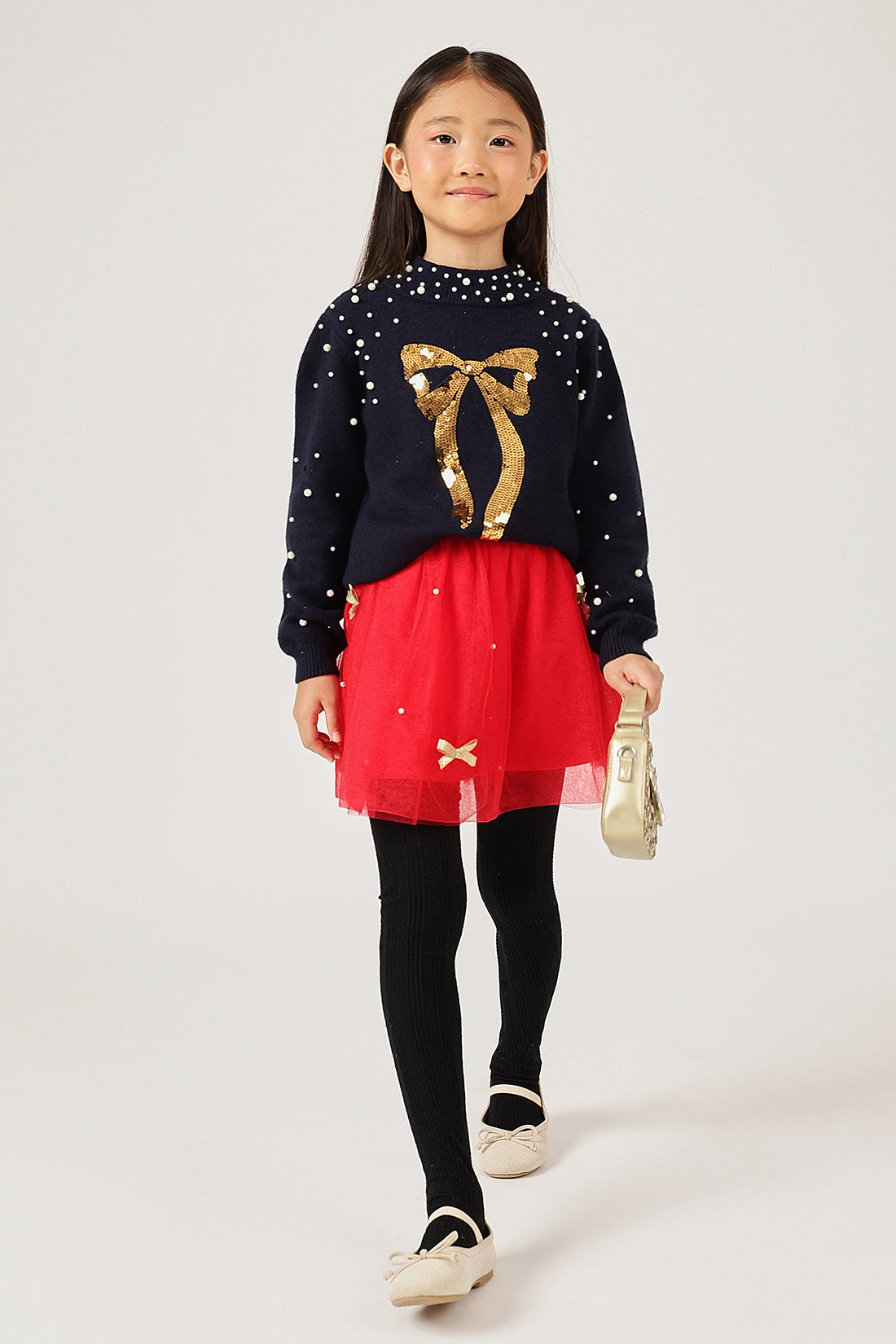 Girls Navy Blue Bow Embroidered Sweater