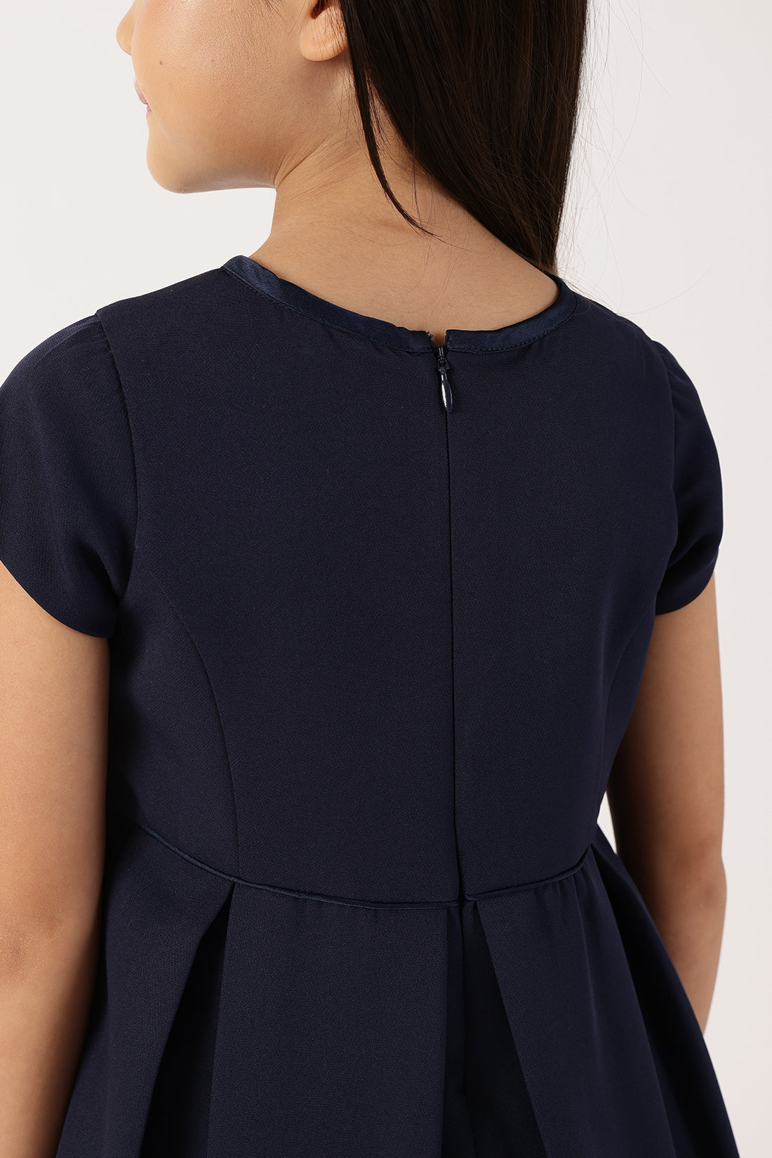 Girls Navy Blue Polyester Full Sleeve Woven Dress | One Friday