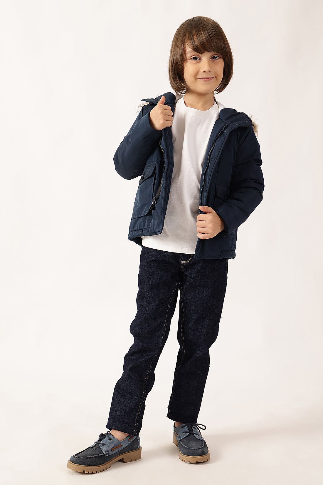 Unisex Navy Blue Solid Hooded Polyester Woven Jacket with Buttons | One Friday