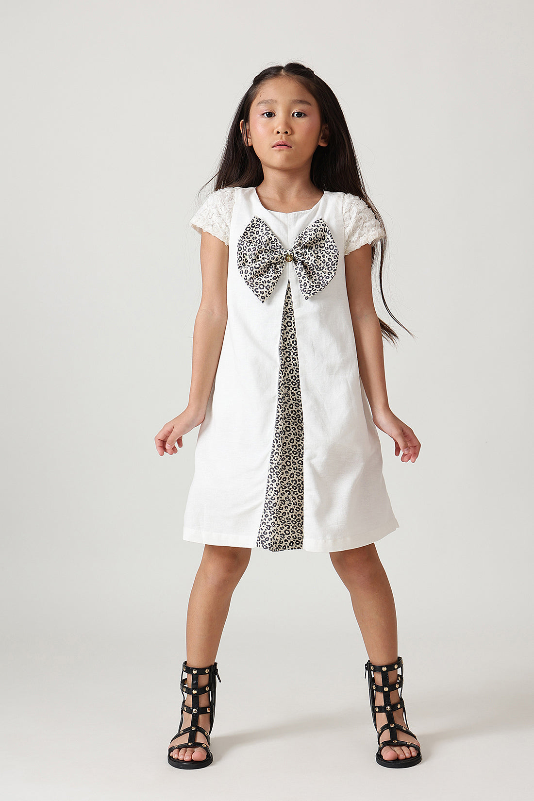 Girls Off-White A-Line Cap Sleeve Solid Dress by One Friday