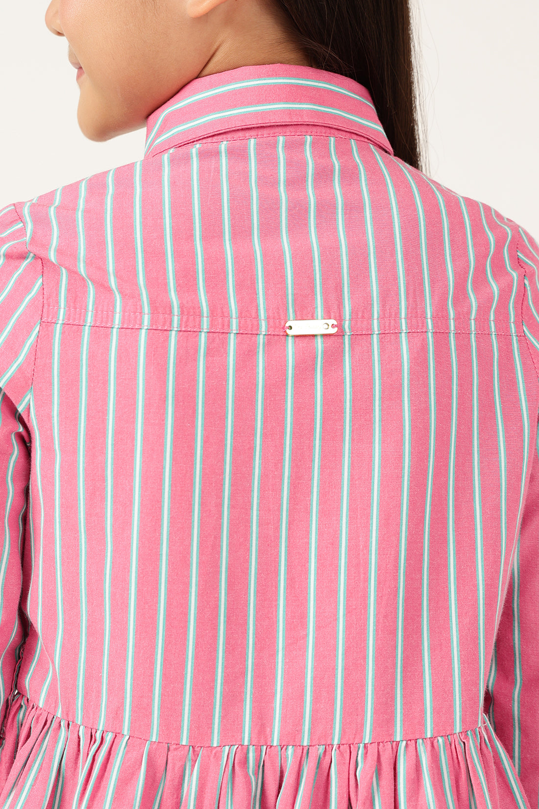 Girls Pink Striped Cotton Shirt Collar Full Sleeve Dress | One Friday