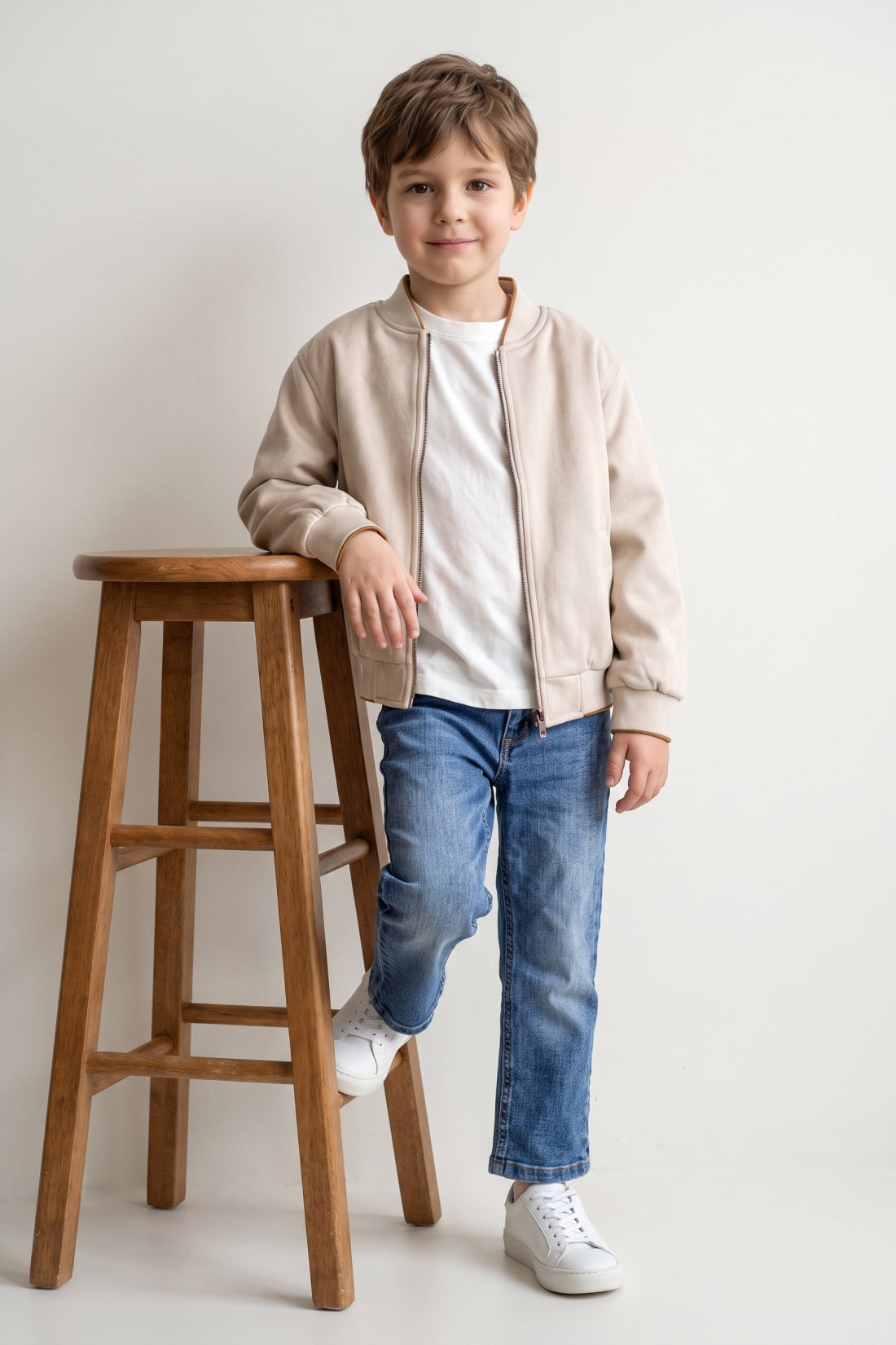 Boys Beige Solid Zip Jacket