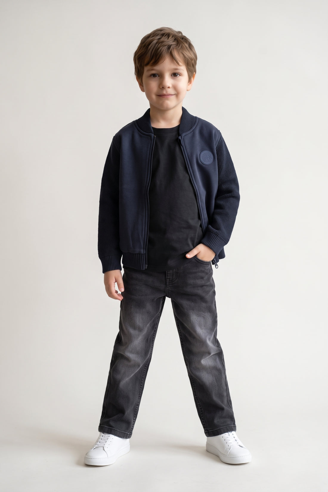 Boys Navy Blue Solid Woven Button Jacket