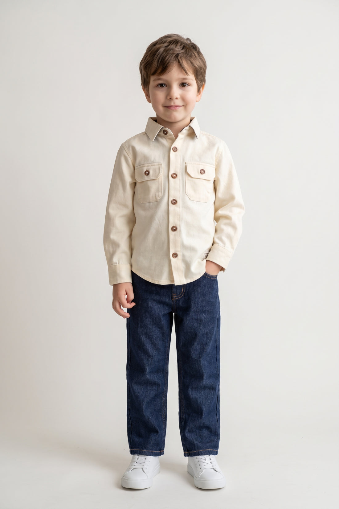 Boys Off White Cotton Twill Loose Fit Overshirt