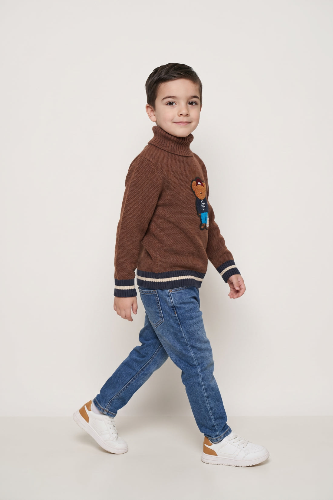 Boys Brown Embellished High Neck Sweater