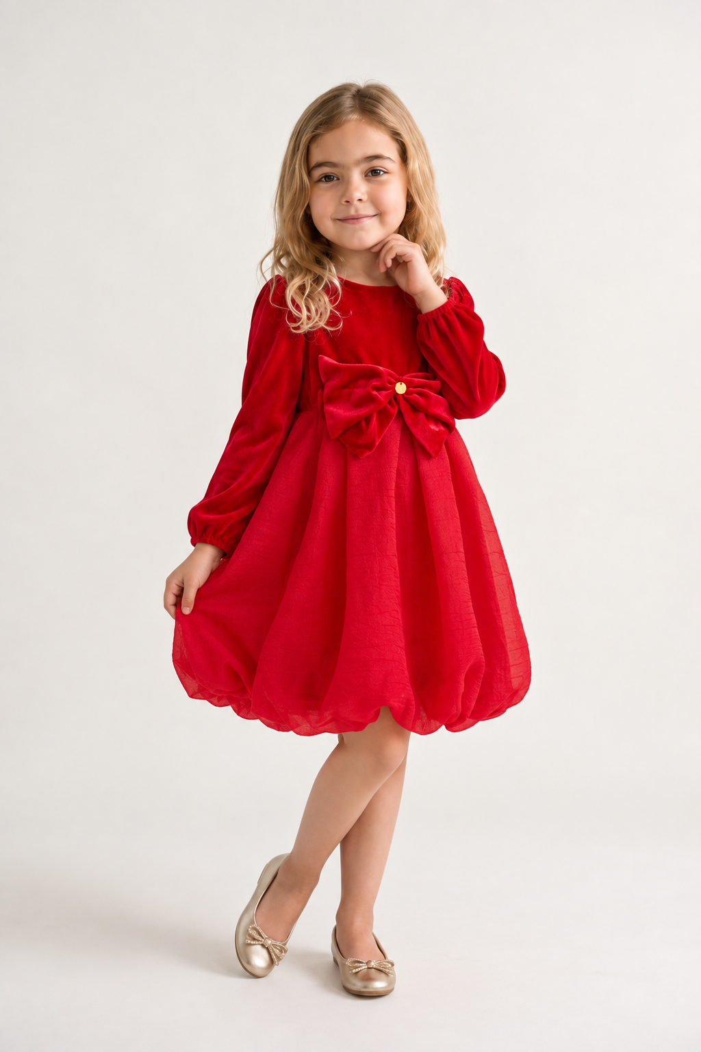 Girls Red Solid Velour Full Sleeve Dress