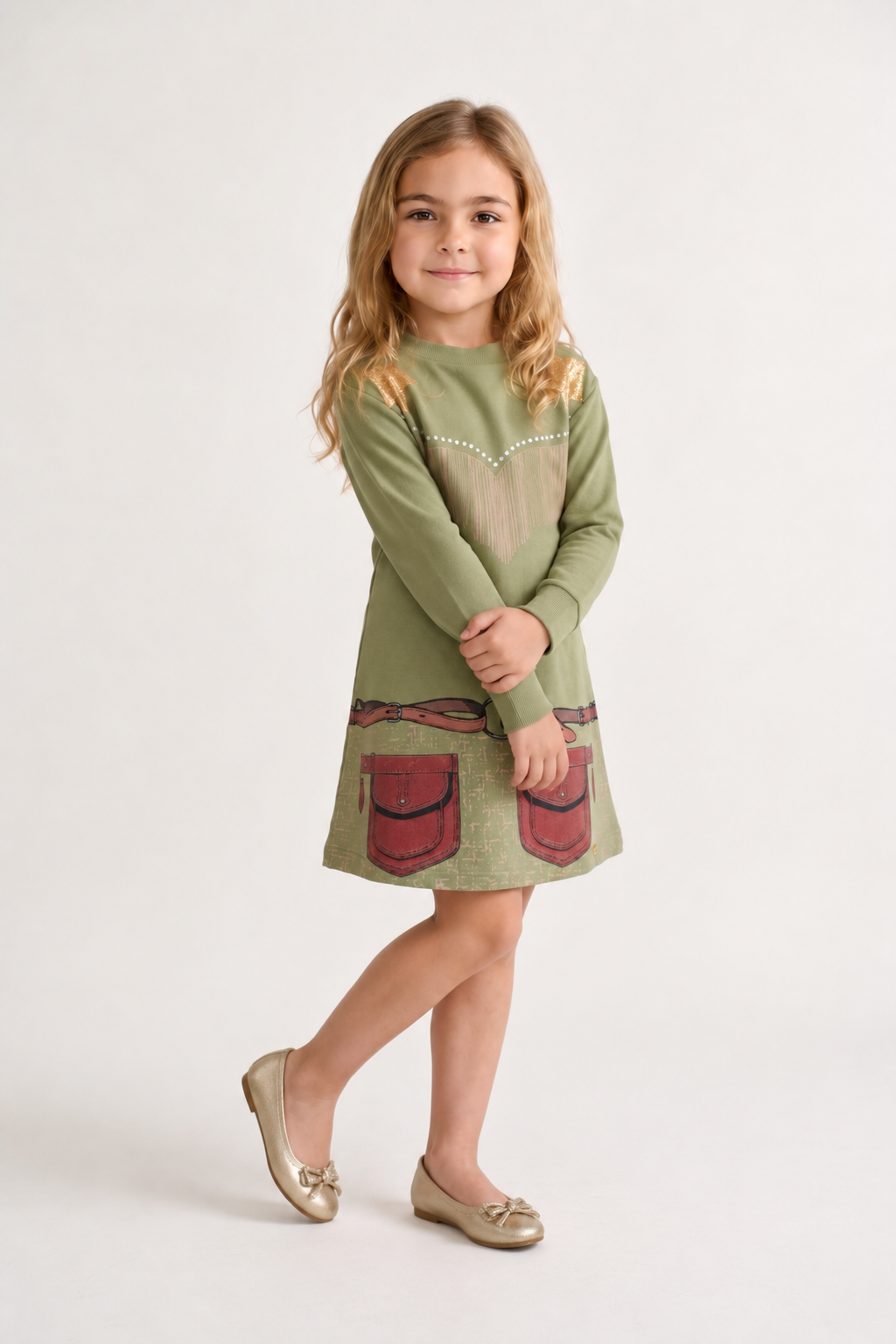 Girls Olive Solid Cotton Round Neck Full Sleeve Dress