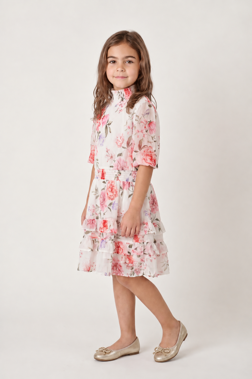 Multi Floral Chiffon Stand Collar Dress