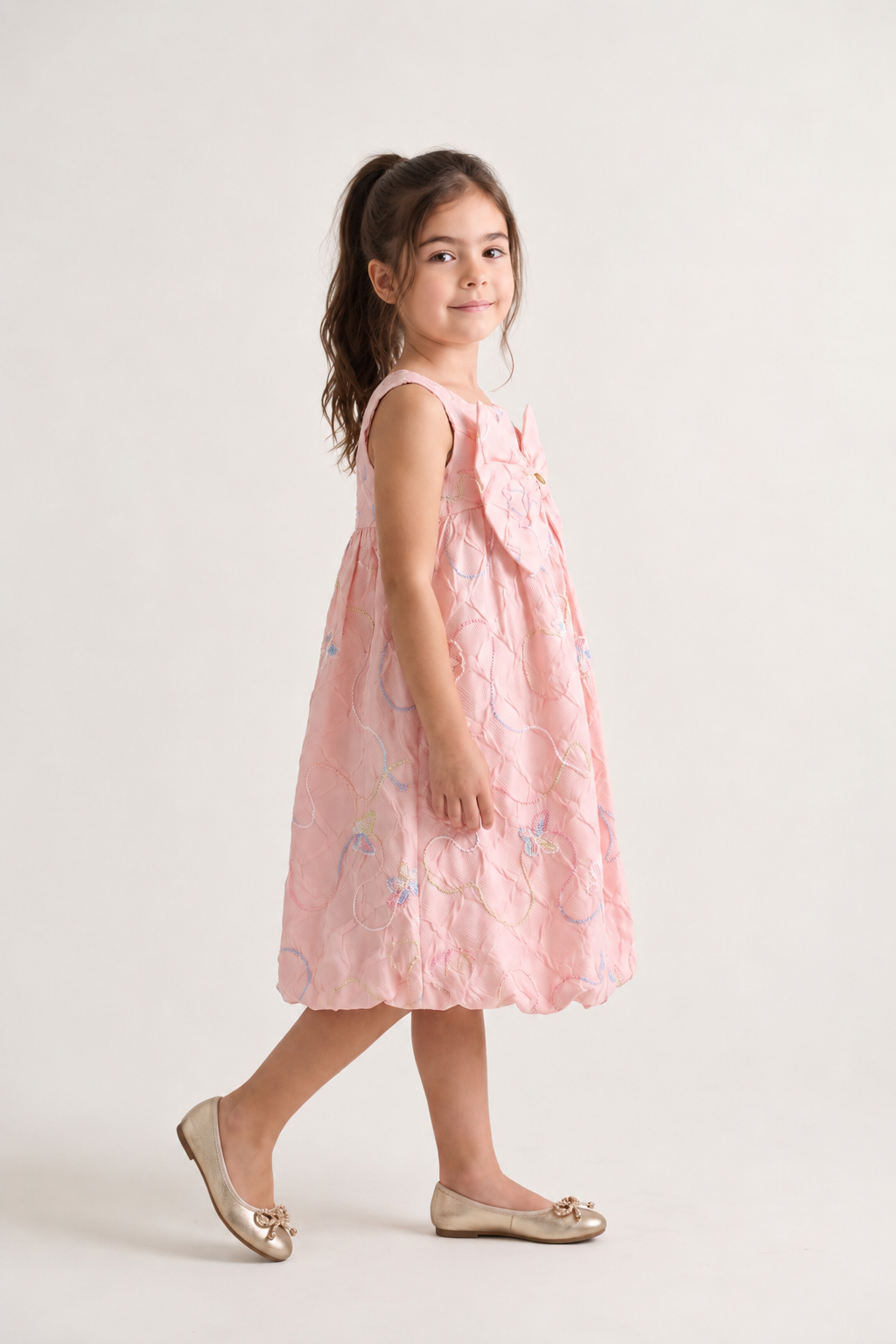 Girls Pink Embroidered Jacquard Full Sleeve Dress