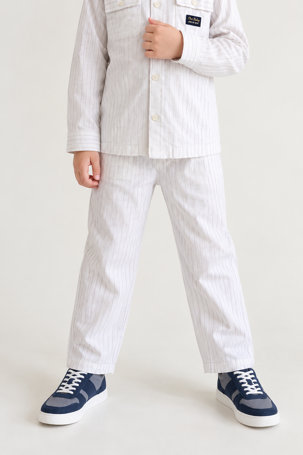 Boys Off White Striped Cotton Regular Fit Trousers