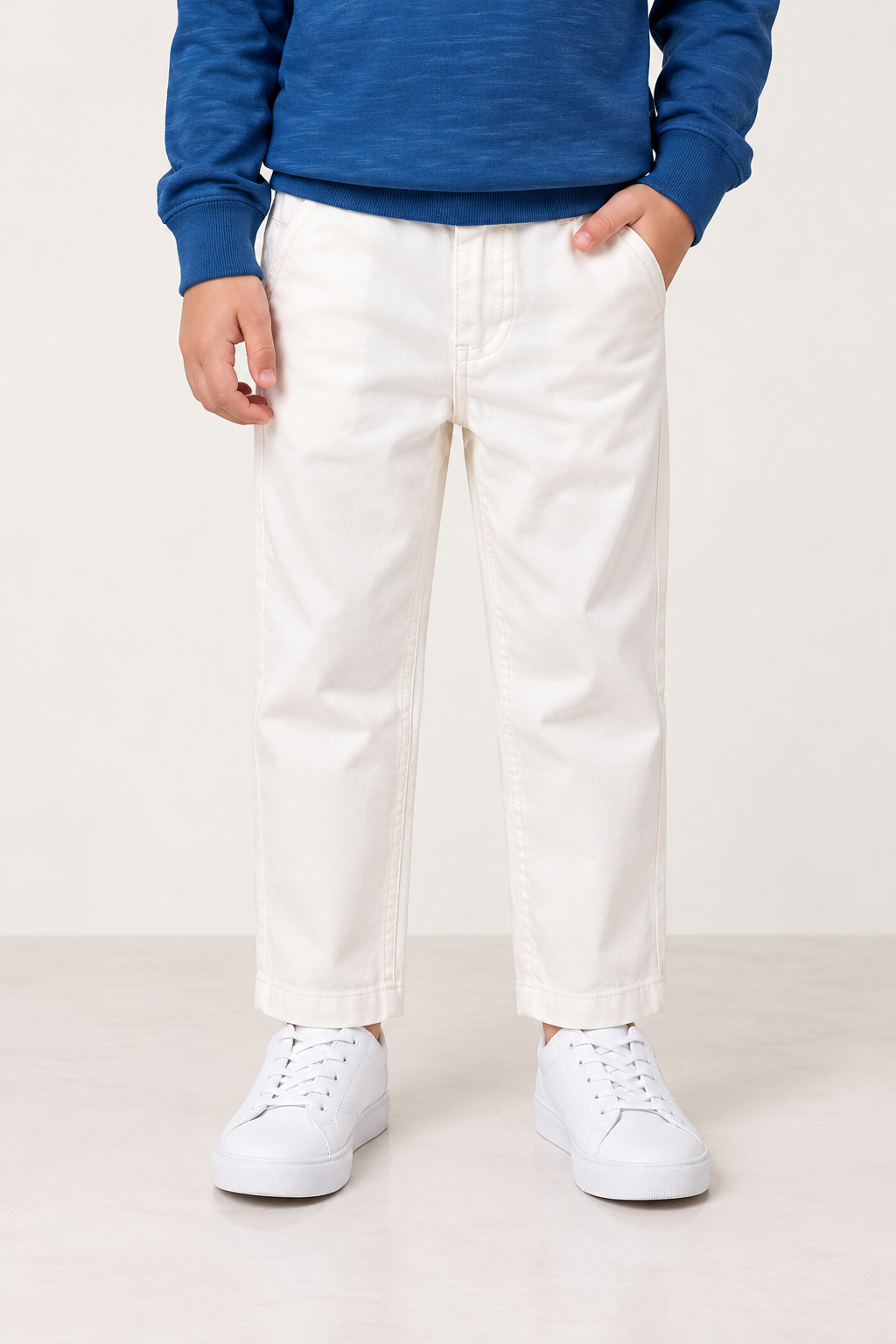 Boys White Cotton Twill Zip Trousers