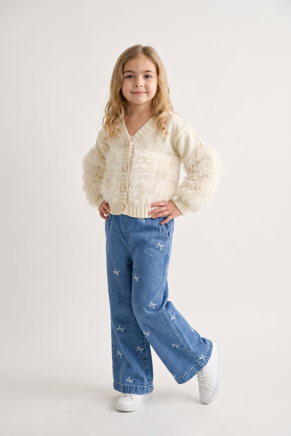 Girls Off White Acrylic V-Neck Button Cardigan