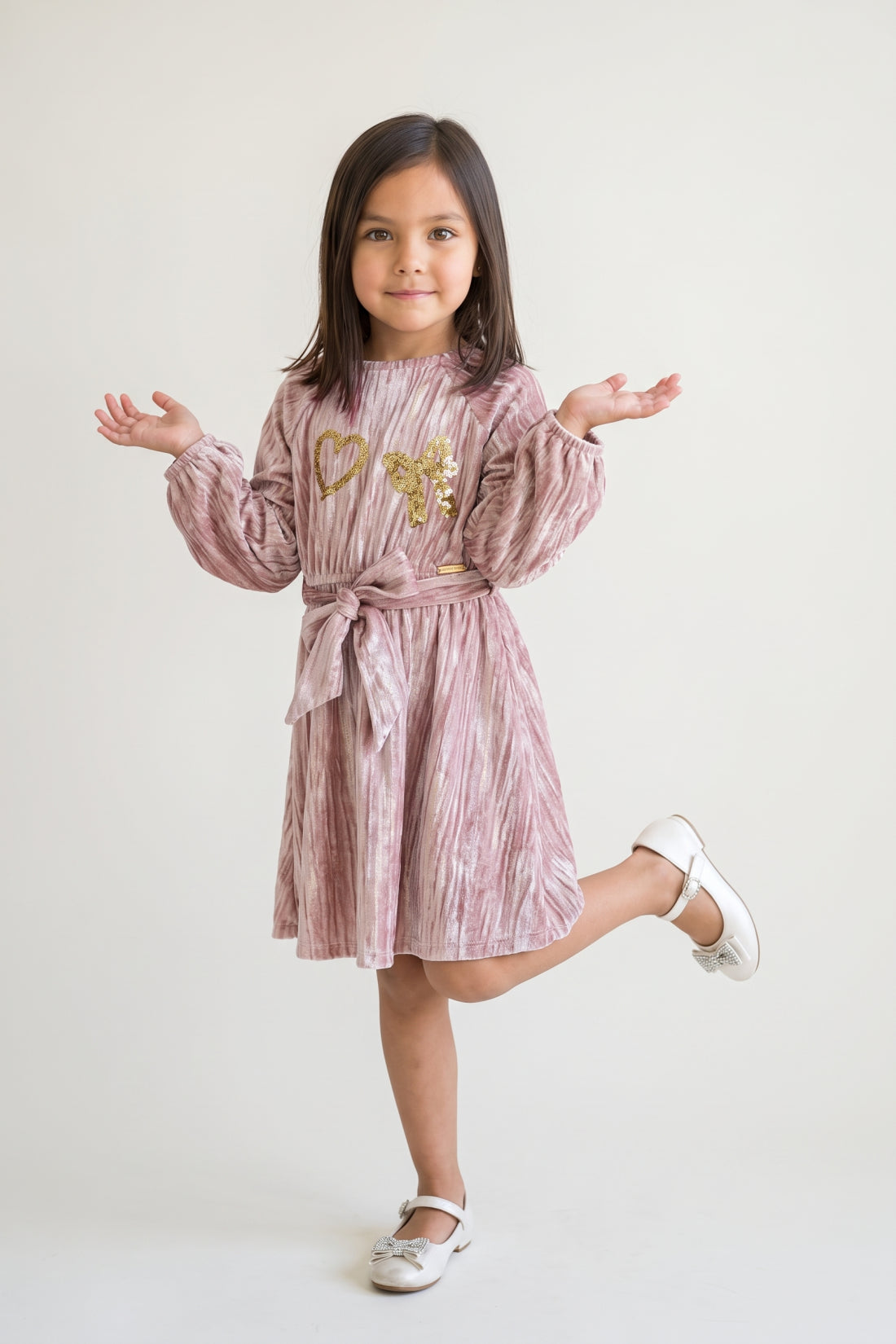 Pink Embellished Velour Full Sleeve Dress