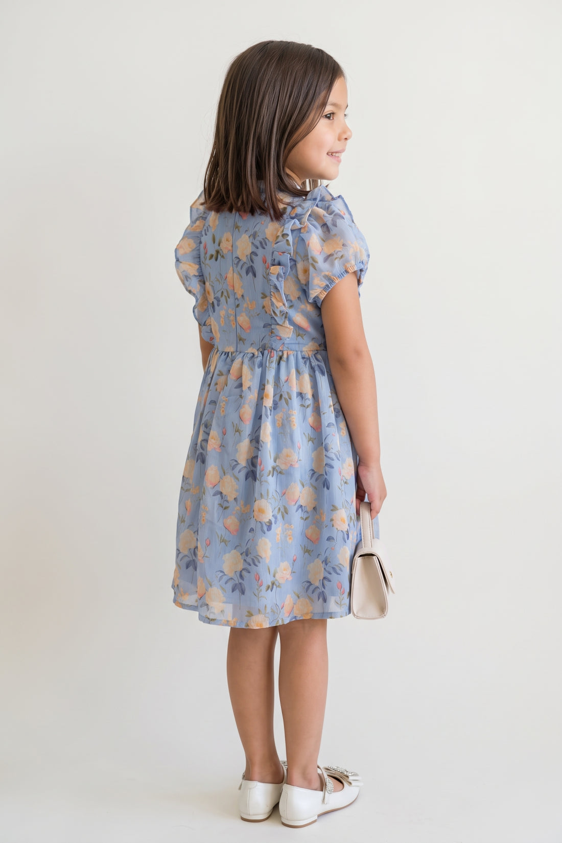 Blue Printed Chiffon Lurex Half Sleeve Dress