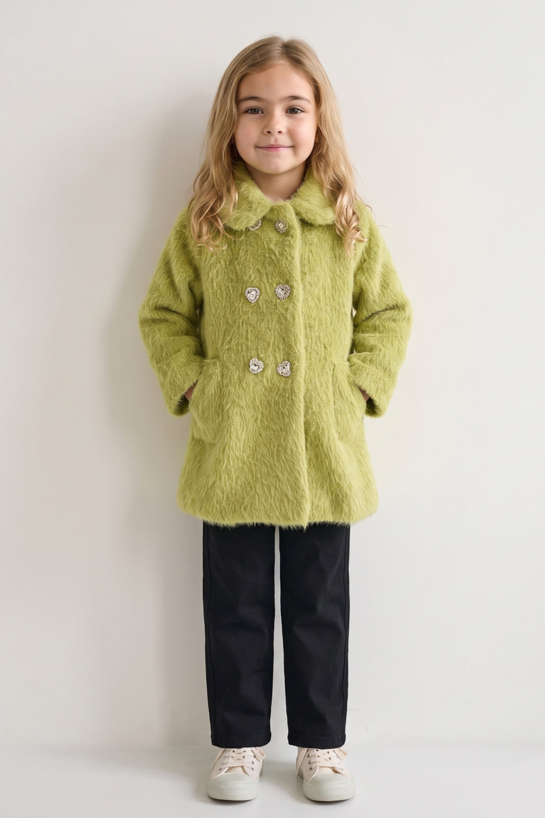 Girls Green Boucle Peter Pan Collar Overcoat