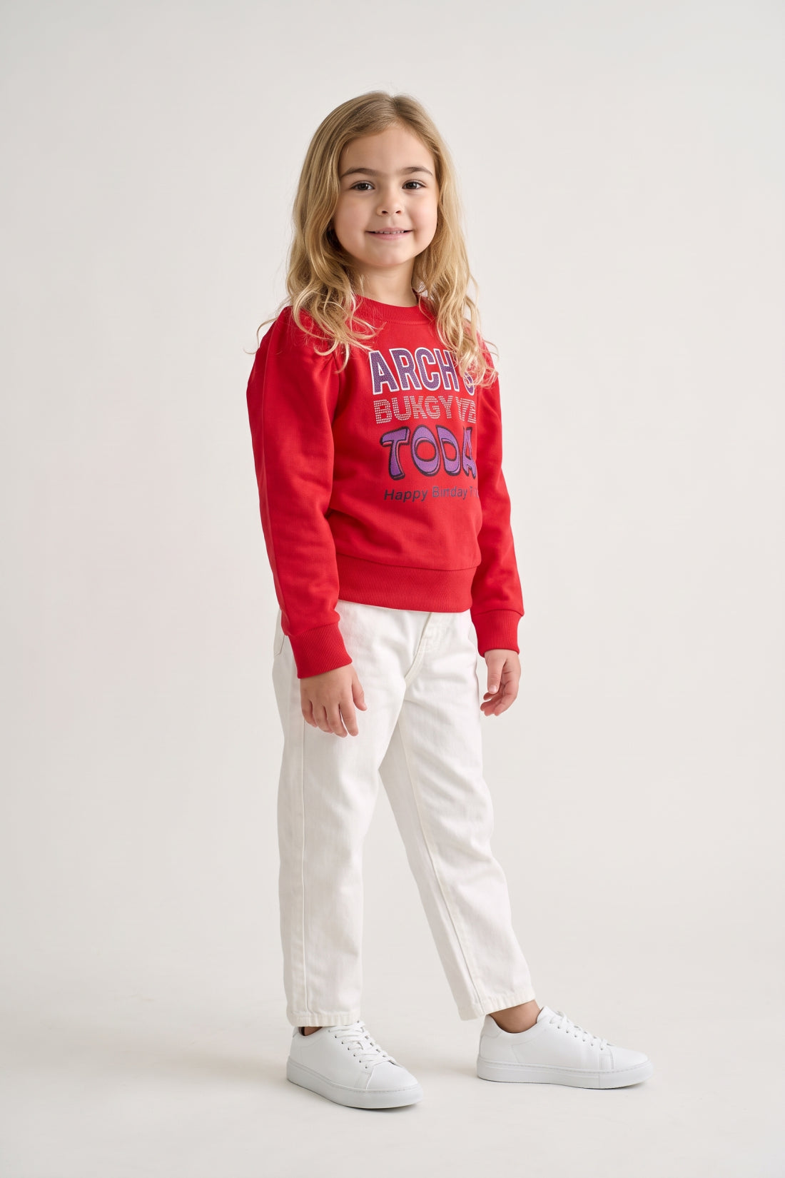 Girls Red Embellished Cotton Fleece Sweatshirt