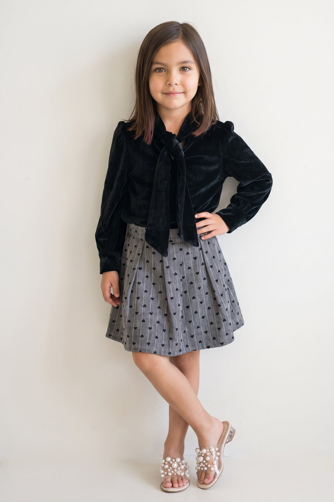 Girls Black Velvet Tie Collar Full Sleeve Top