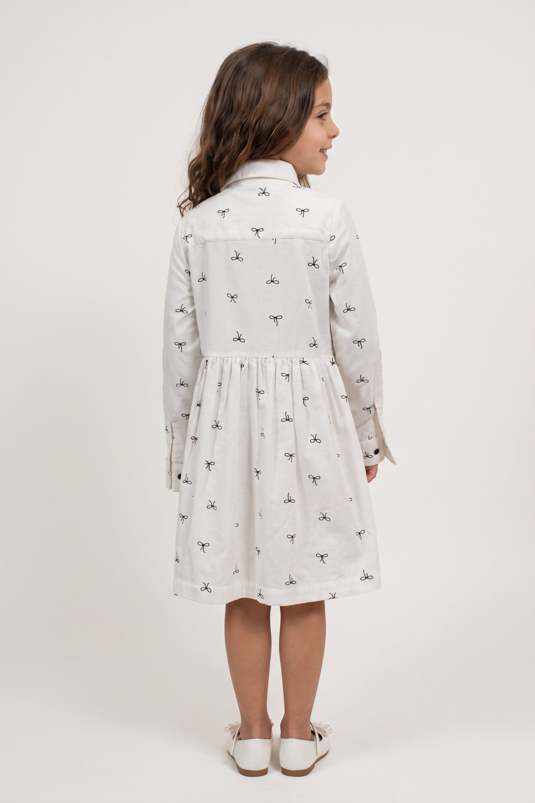 White Printed Corduroy Shirt Collar Dress