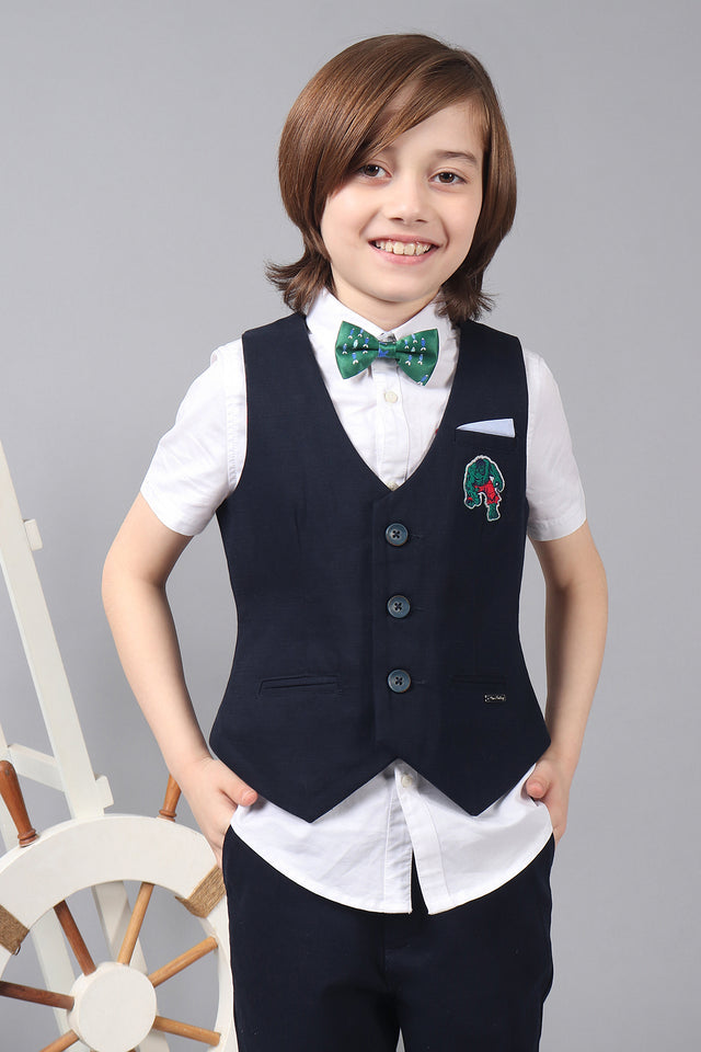 One Friday Kids Boys 100% Cotton Navy Waist-Coat With Hulk Embroidery