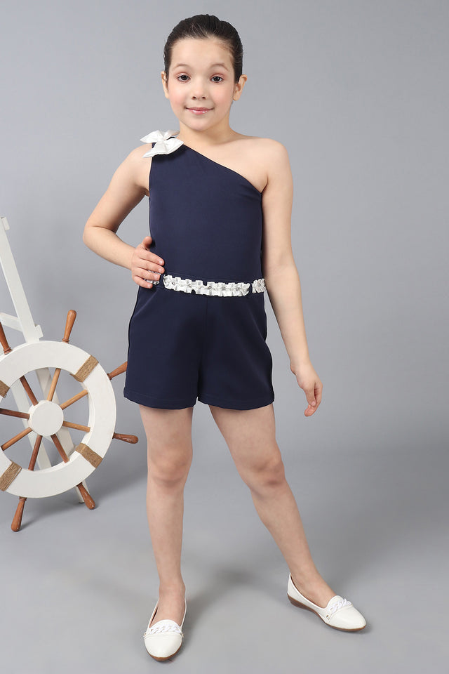 One Friday Kids Girls Navy Blue One Shoulder Jumpsuit With Bow Detail