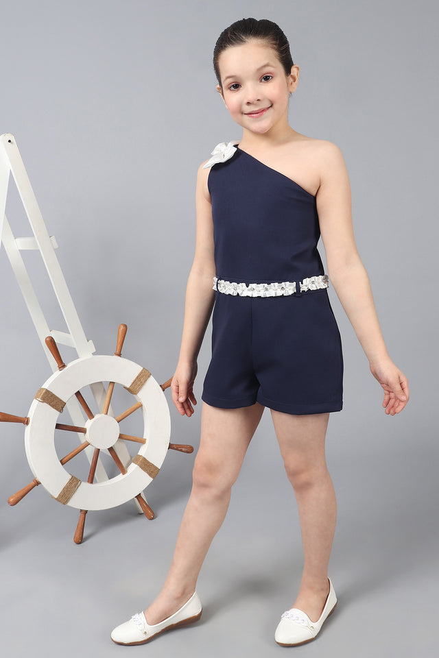 One Friday Kids Girls Navy Blue single-Shoulder Jumpsuit With Bow