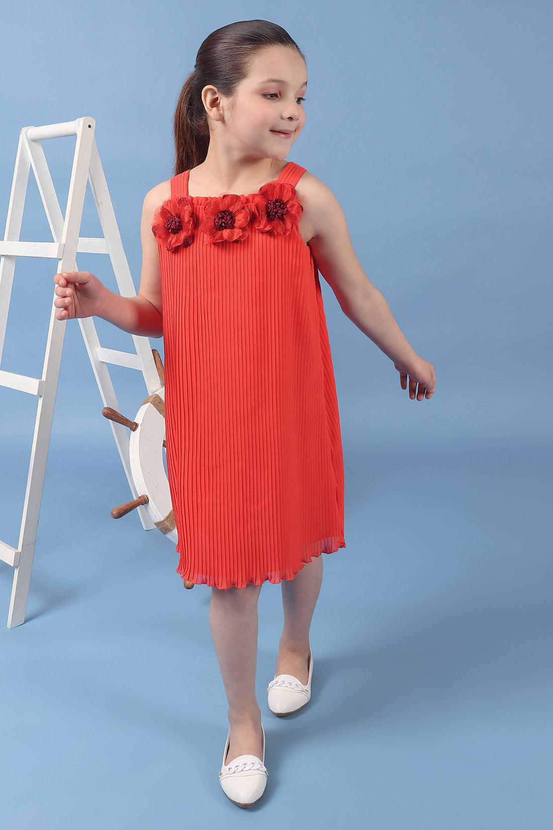 Buy Kids Girls Orange A Line Pleated Dress With Embellished Flowers