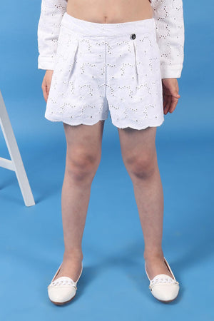 One Friday Kids Girls 100% cotton white schiffli shorts with bow and scalloped hemline