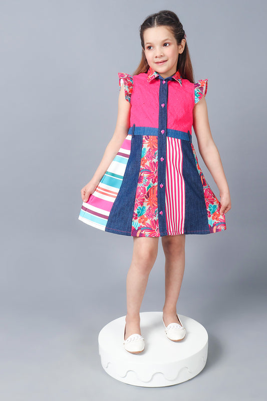 Kids Girls Prints and Patterns Collared Pink Dress