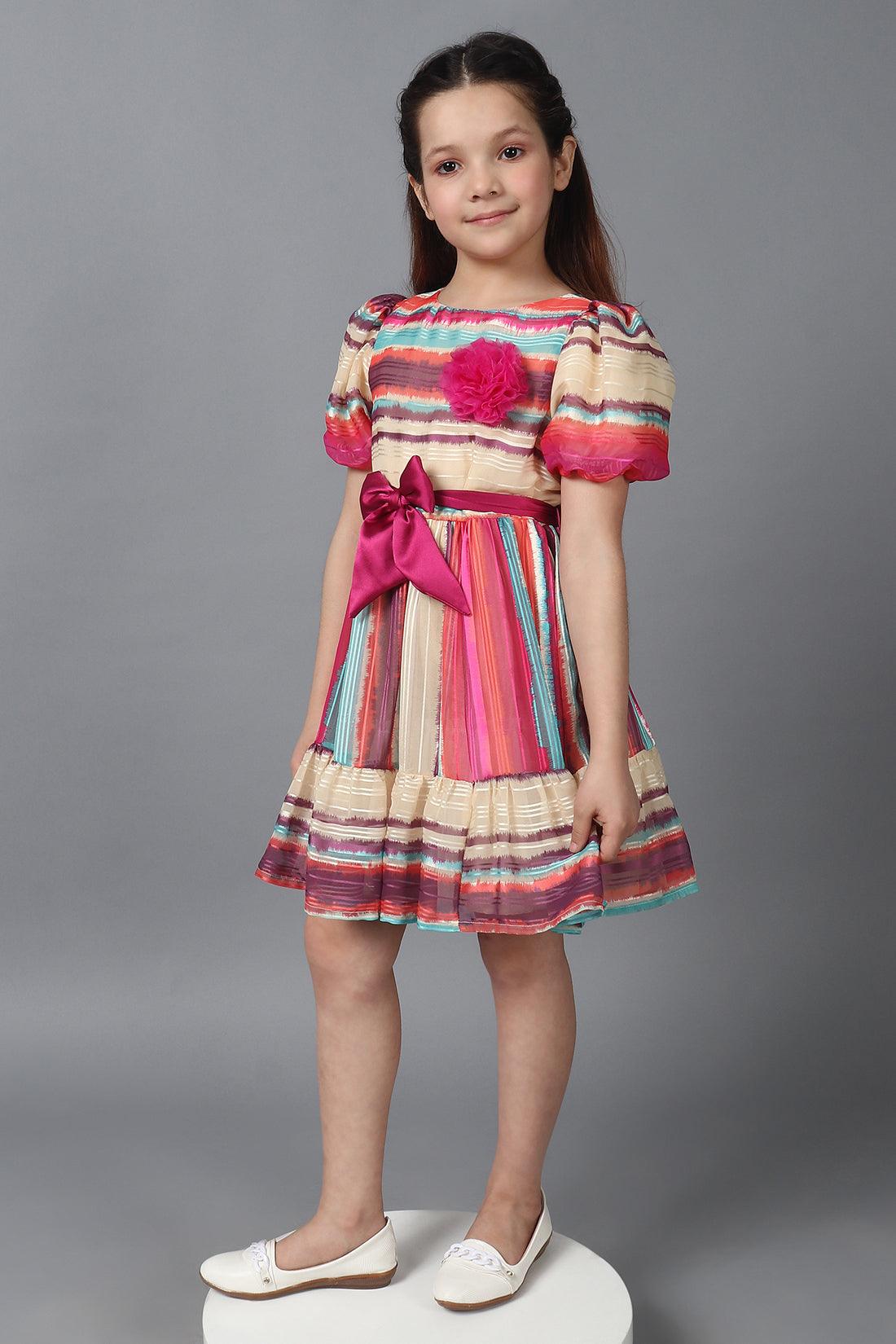 One Friday Kids Girls Multicolored Round Neck Dress