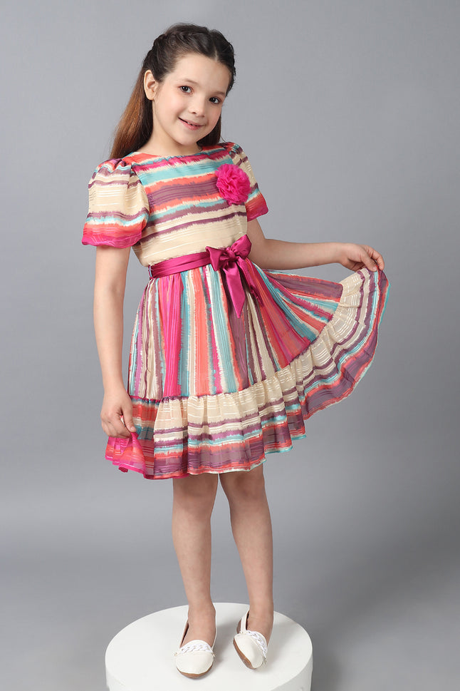 One Friday Kids Girls Multicolored Round Neck Dress