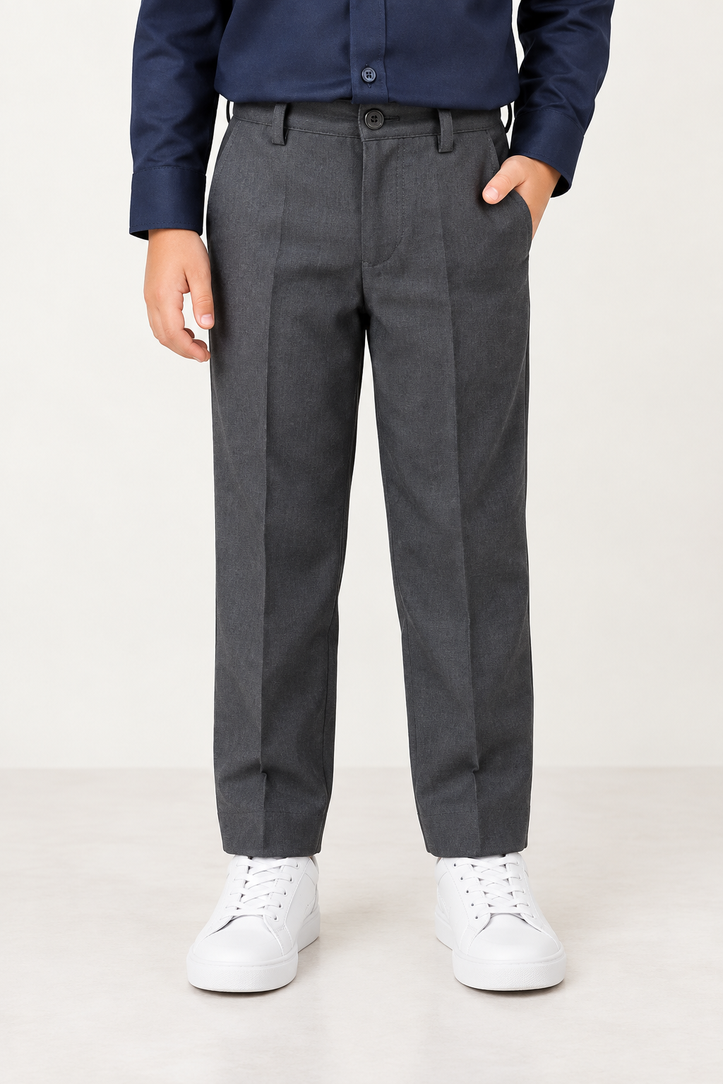Boys Navy Blue Solid Twill Zip Trousers