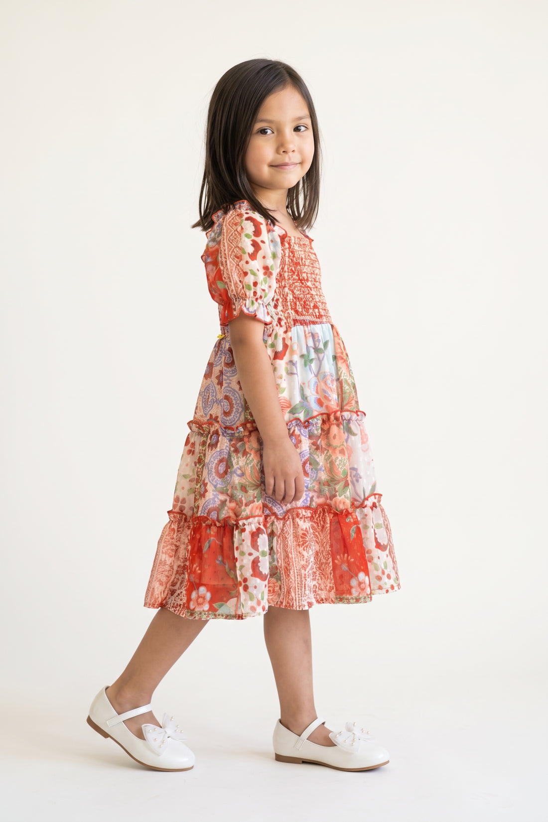 Girls Multi Floral Print Chiffon Half Sleeve Dress
