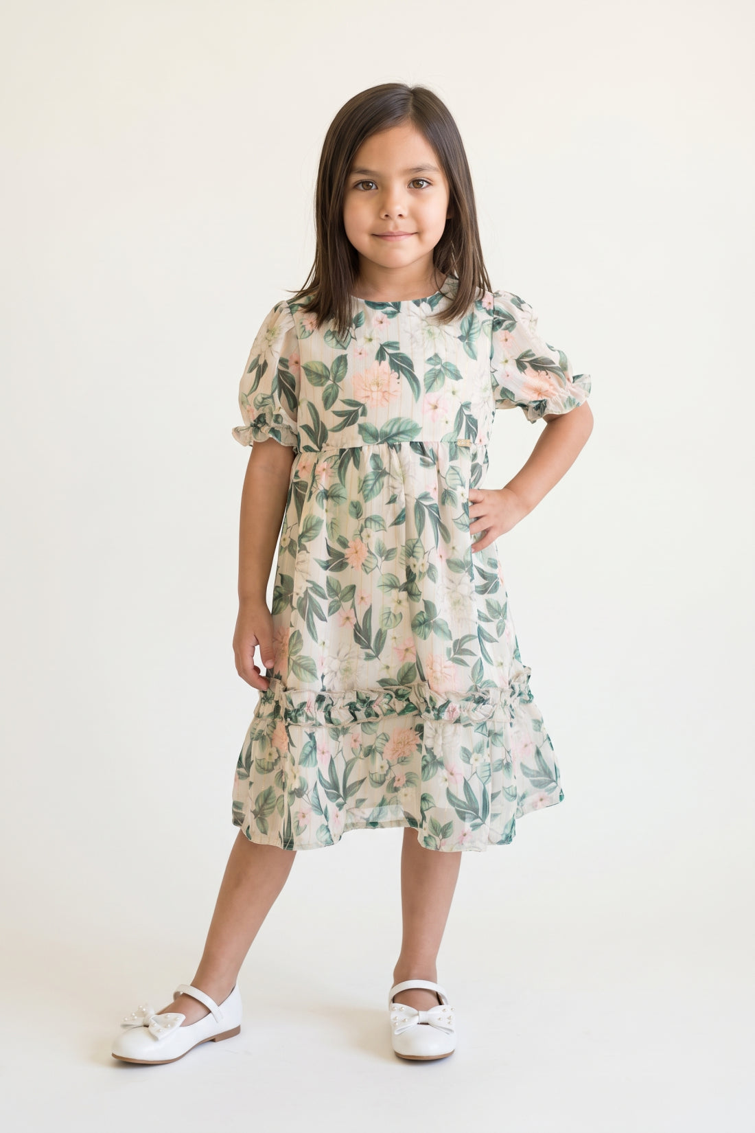Girls Multi Floral Print Lurex Chiffon Half Sleeve Dress