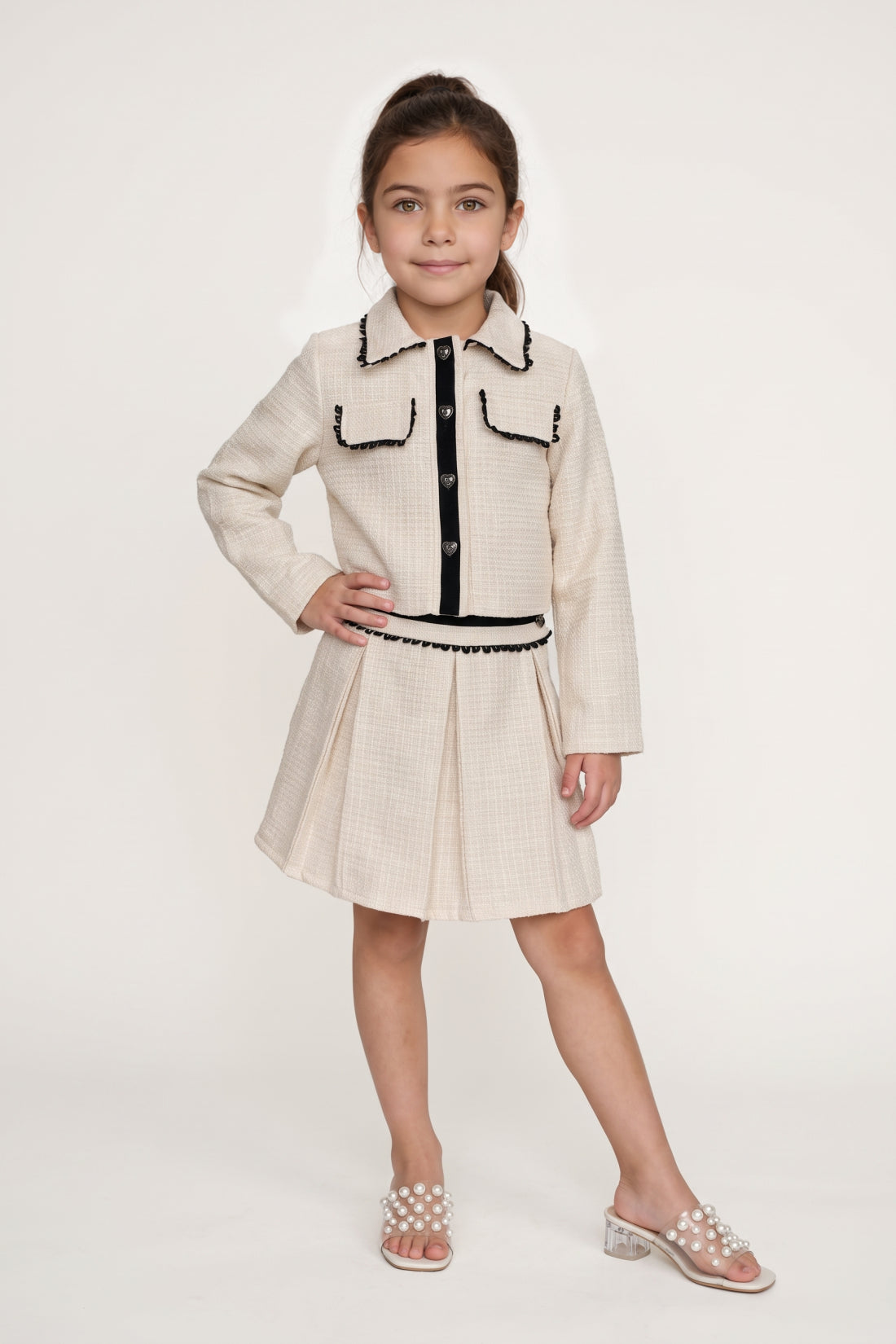 Girls Off White Embellished Boucle Jacket