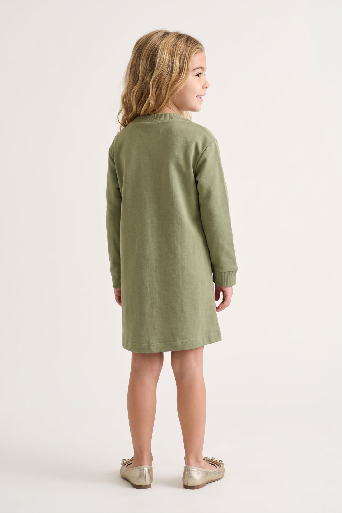 Girls Olive Solid Cotton Round Neck Full Sleeve Dress
