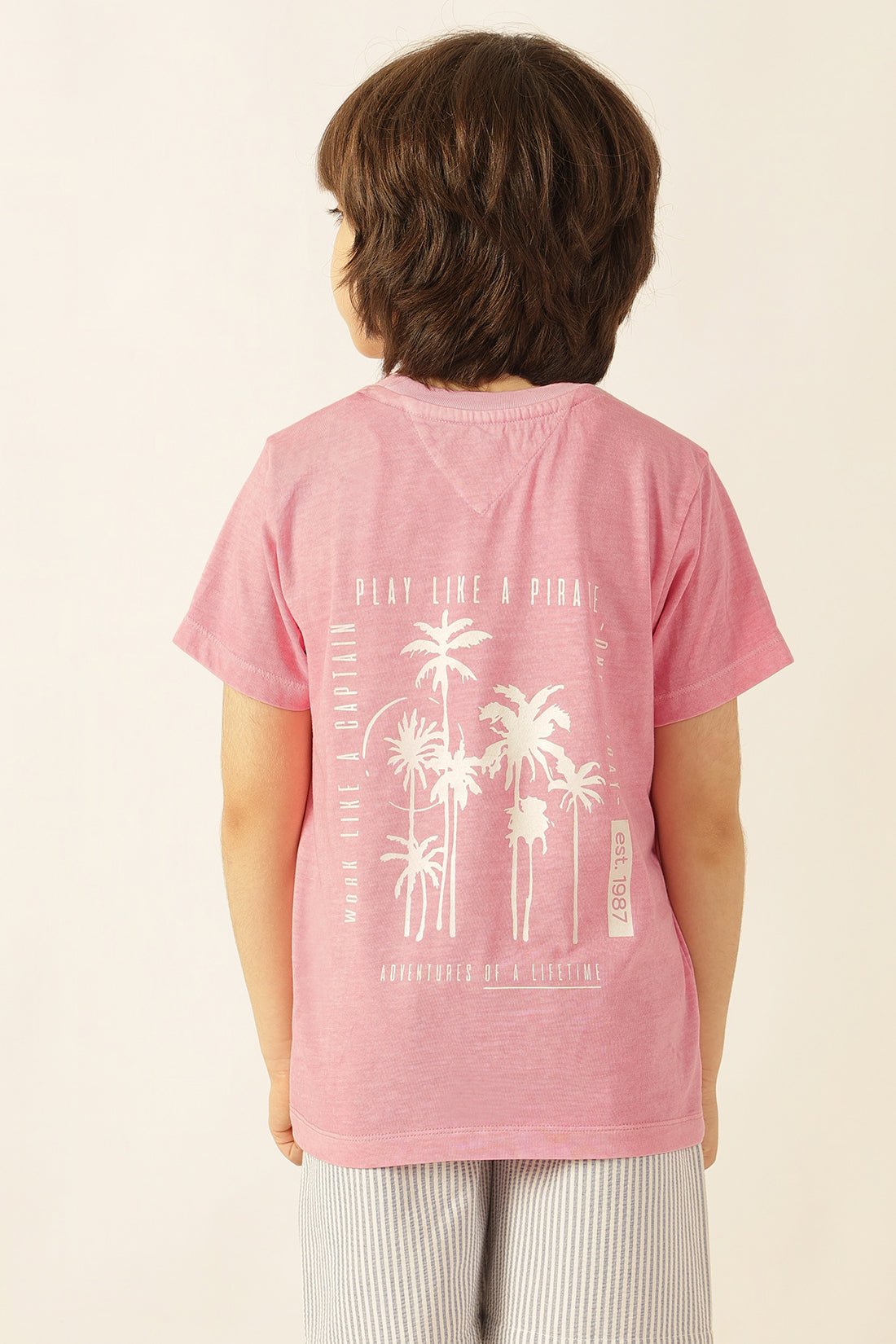 Boys Pink Printed Cotton Knit T-Shirt