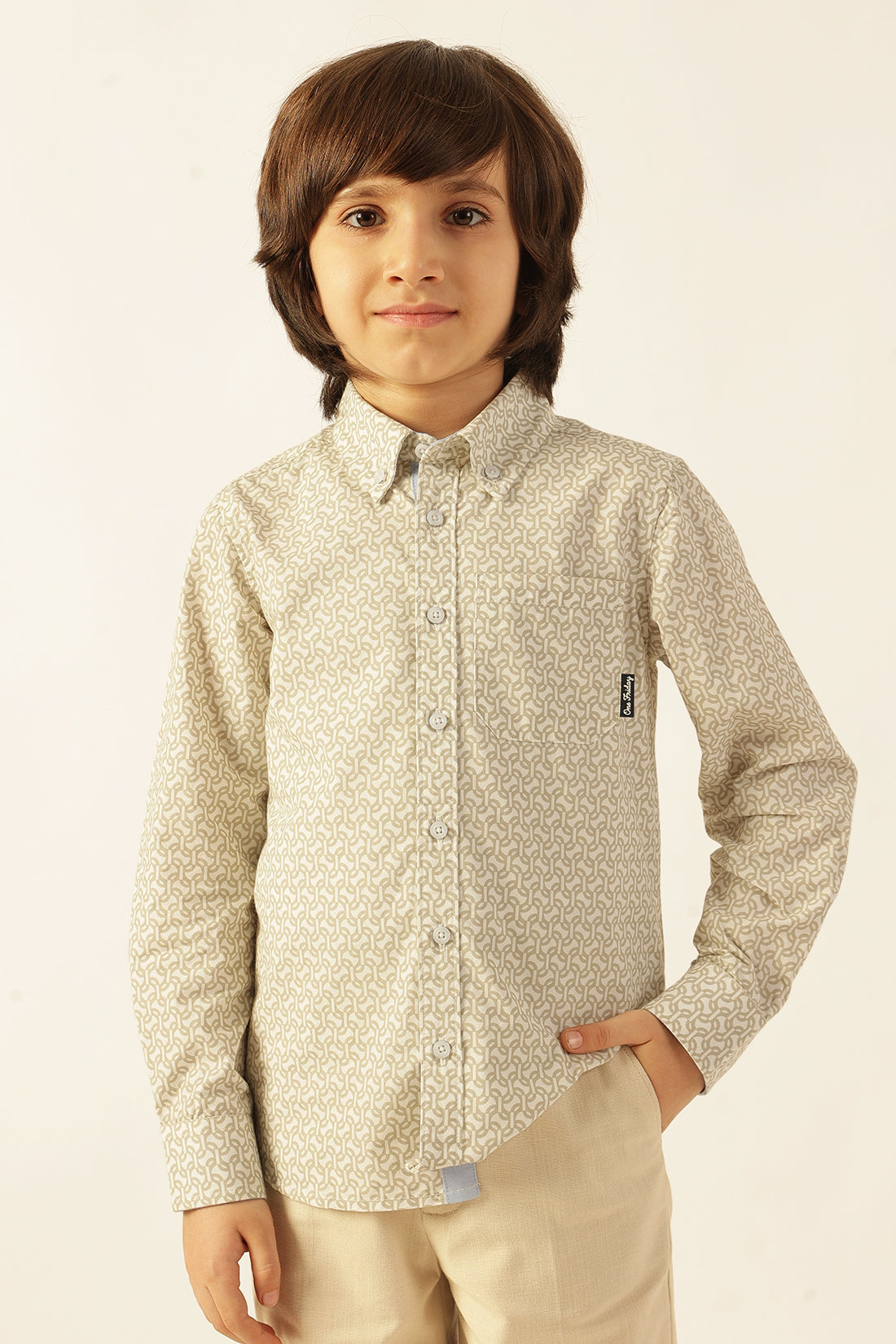 Boys Beige Abstract Print Shirt