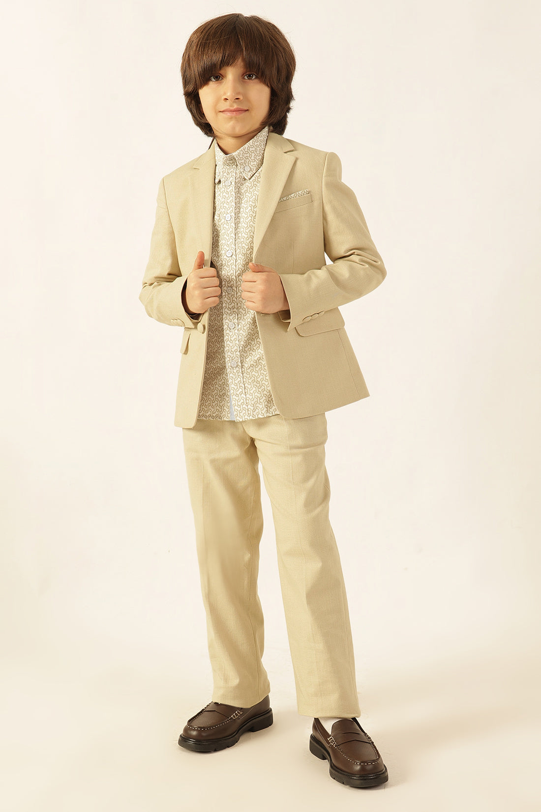 Boys Beige Solid Cotton Slub Trousers