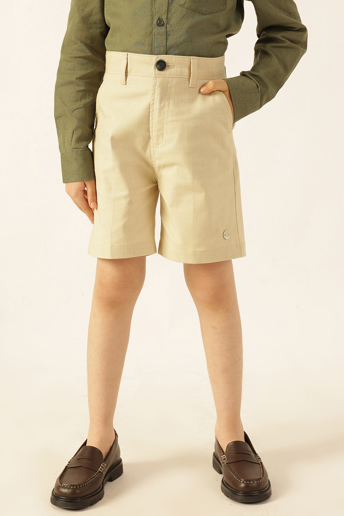Boys Beige Solid Cotton Slub Shorts