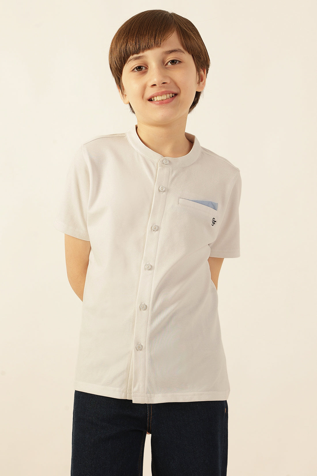 Boys White Solid Knit Cotton Shirt