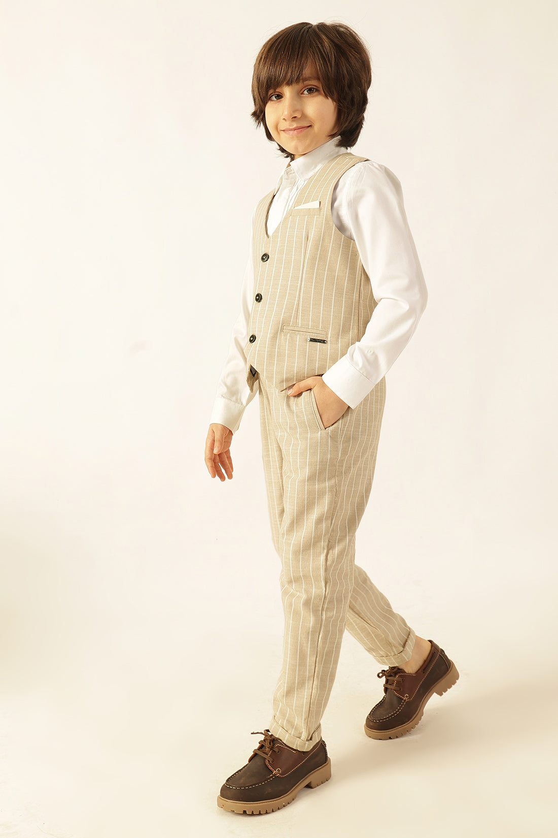 Boys Beige Striped Yarn Dyed Waistcoat