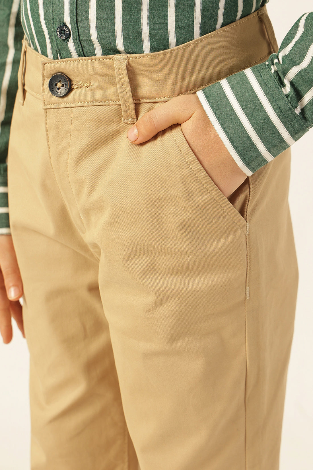 Boys Beige Solid Embellished Twill Trousers
