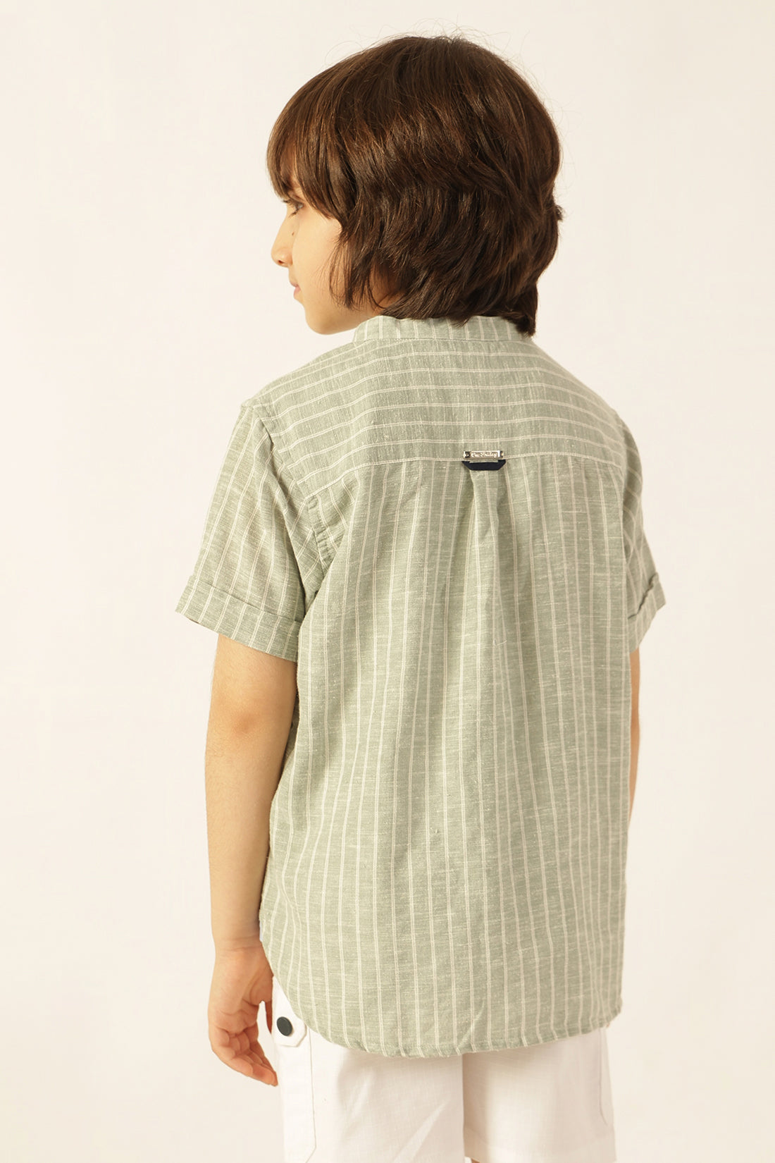Boys Green Striped Embroidered Shirt