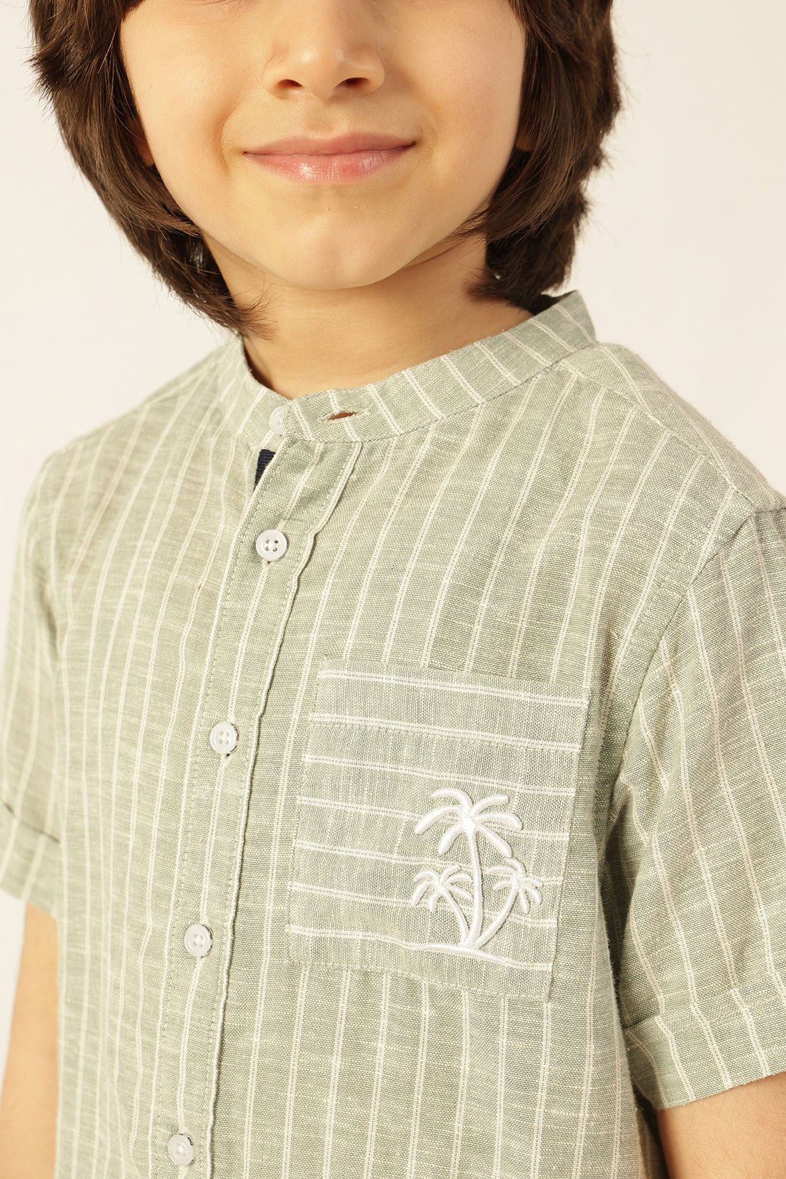 Boys Green Striped Embroidered Shirt