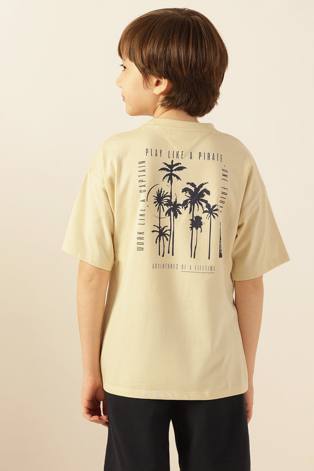 Boys Beige Printed Jersey Lycra T-Shirt