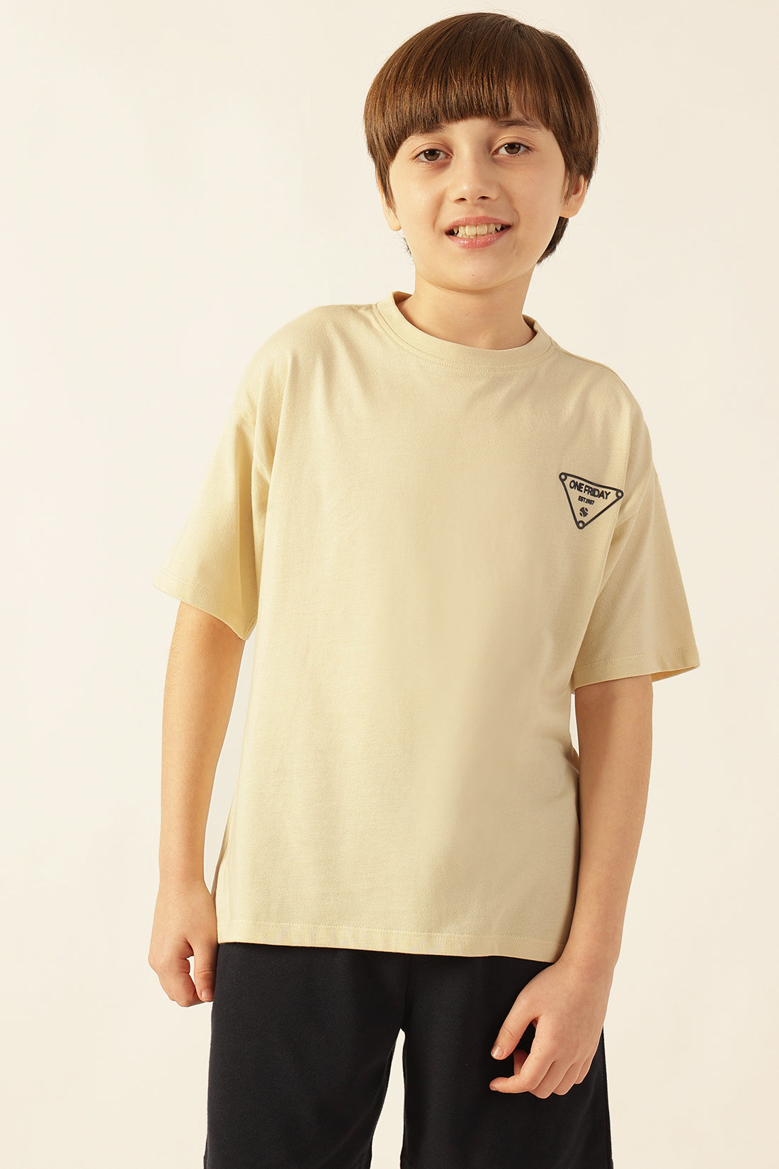Boys Beige Printed Jersey Lycra T-Shirt