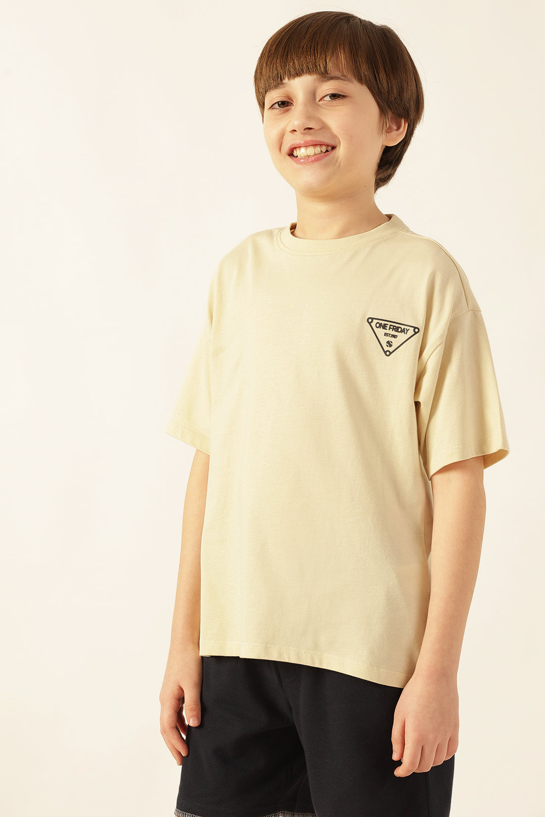 Boys Beige Printed Jersey Lycra T-Shirt
